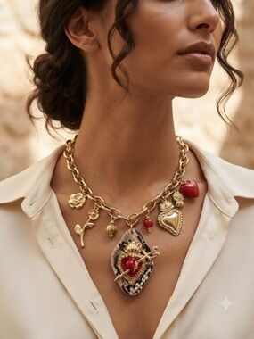 ✨ Gold Chain Charm Necklace with Red Heart Pendant